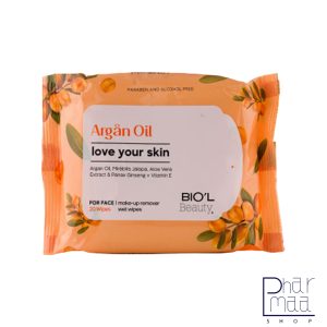 دستمال مرطوب پاک کننده ارایش صورت حاوی روغن ارگان مناسب پوست های خشک و حساس بیول 20 برگی