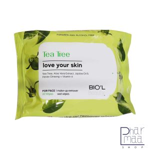 دستمال مرطوب پاک کننده ارایش صورت حاوی عصاره گیاهیی درخت چای مناسب پوست های چرب بیول 20 برگی